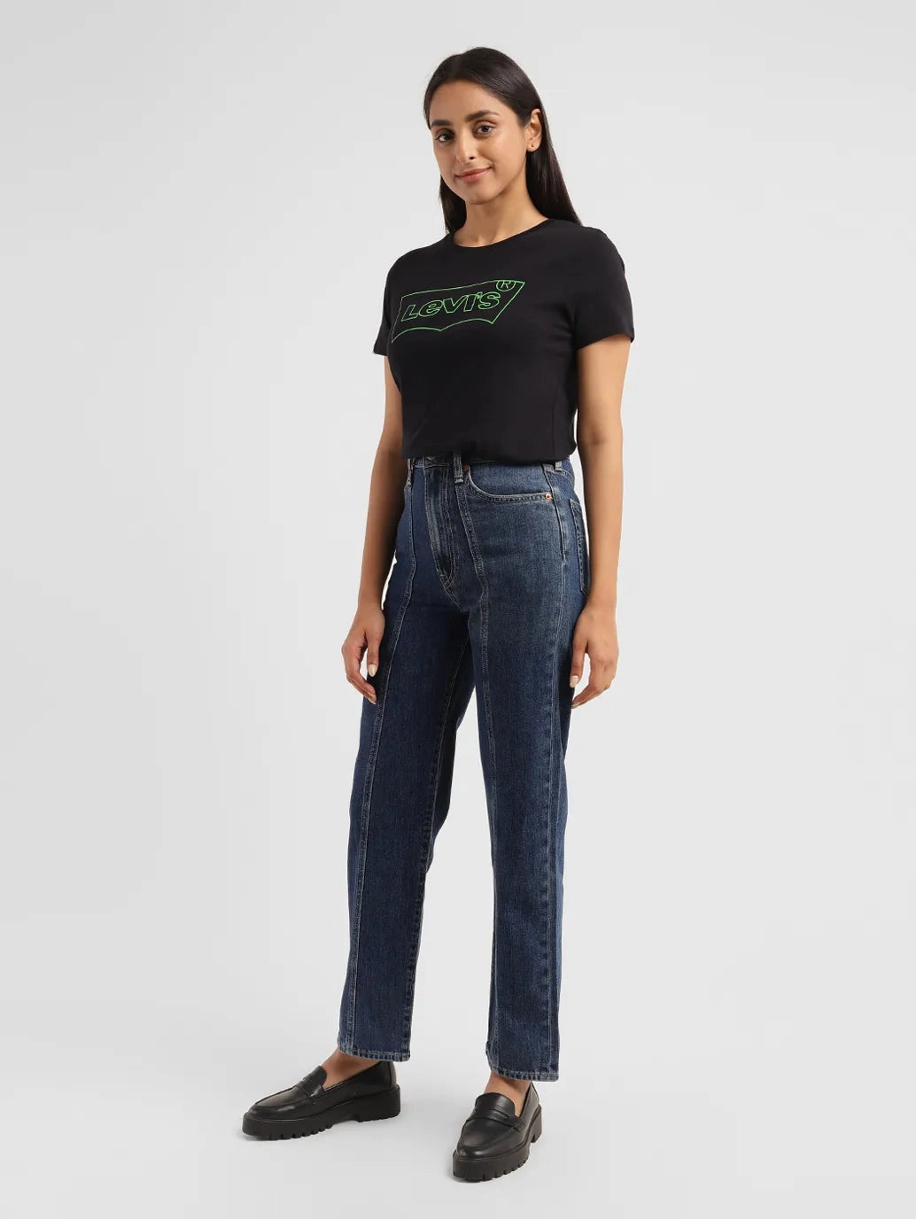 Women's Blue Ribcage Straight Fit High Rise Jeans Work Meeting Relaxed Style Modern Minimalist Rainy Day