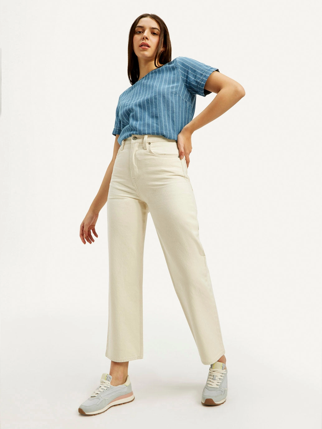 Selvedge Denim Women's Cream Ribcage Straight Fit High Rise Jeans