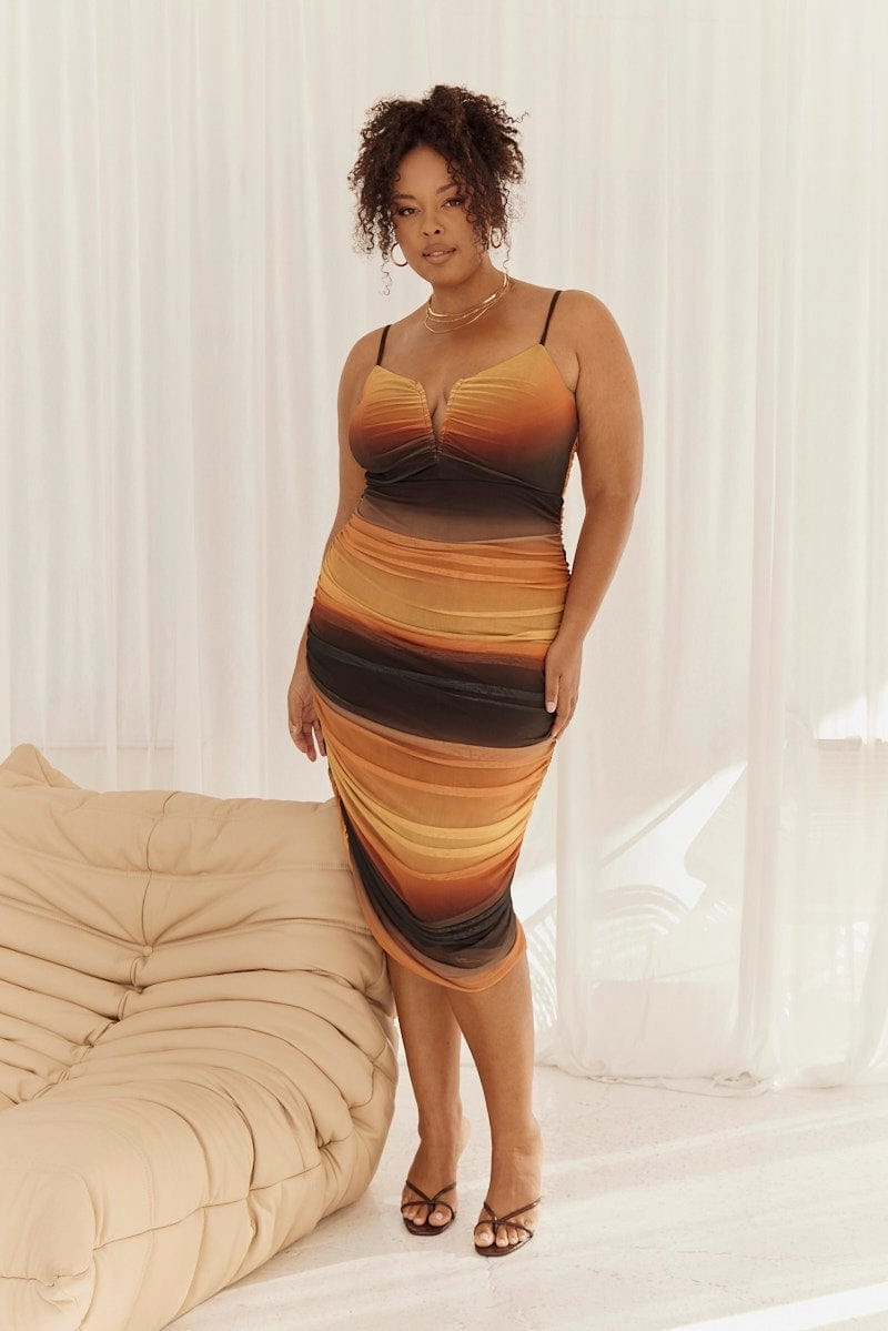 Multi Abstract Bodycon Dress Mesh Ruched Sunset Print Strappy Mid Season