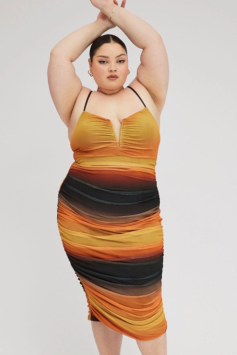 Upgrade-Option Multi Abstract Bodycon Dress Mesh Ruched Sunset Print Strappy