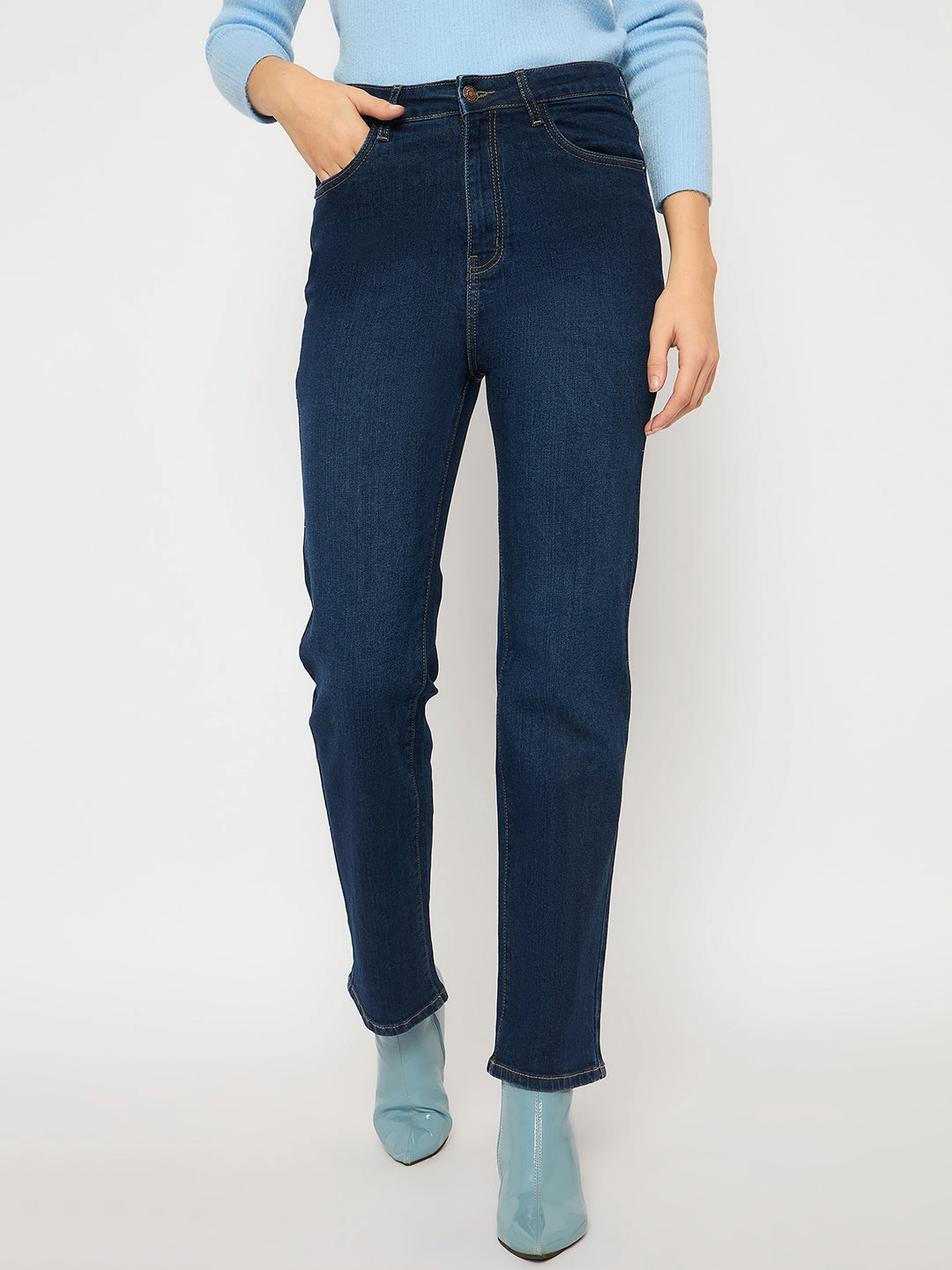 Madame Cotton Blend Stone Wash Straight Fit Dark Blue Denim Jeans Daily Musthave