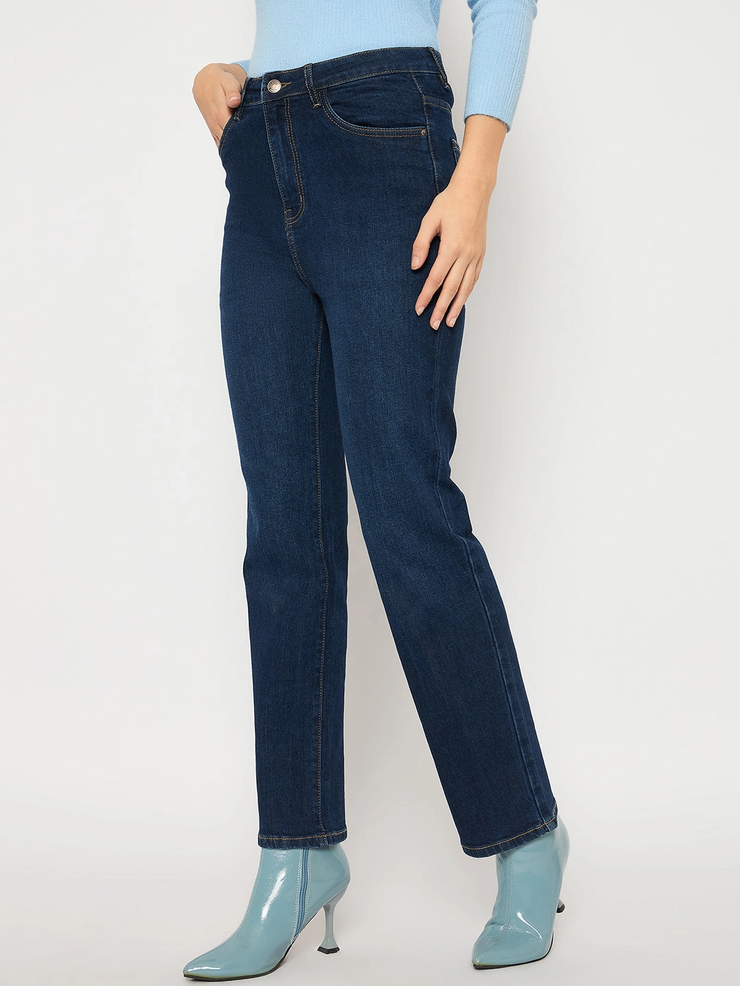 Day Out Style Easy Option Madame Cotton Blend Stone Wash Straight Fit Dark Blue Denim Jeans