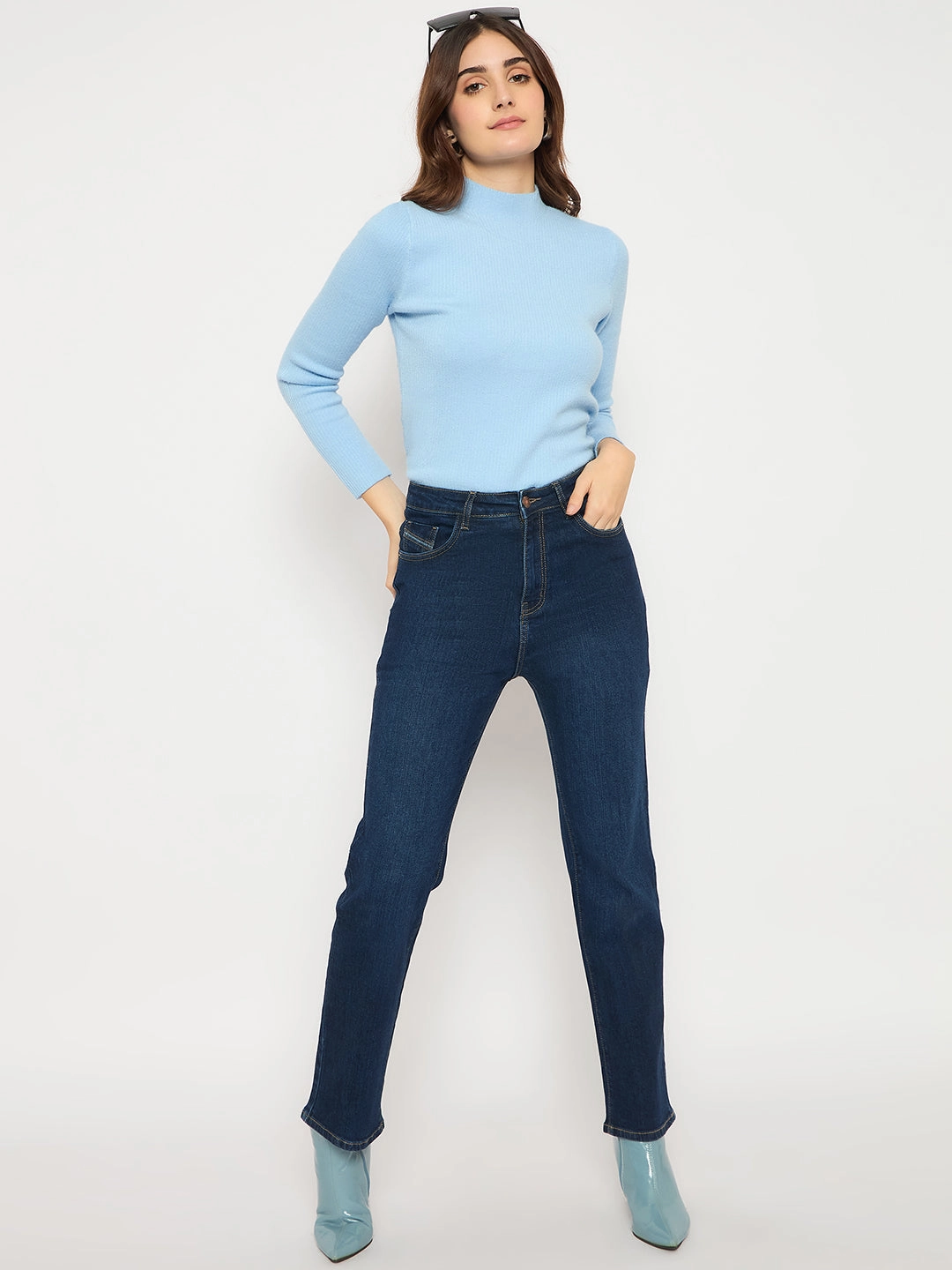 Madame Cotton Blend Stone Wash Straight Fit Dark Blue Denim Jeans Reinforced Pockets