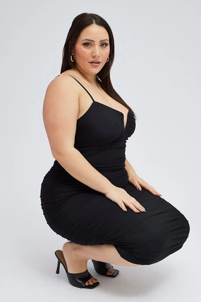 Black Mesh V Ruched Dress Flattering Fit for All