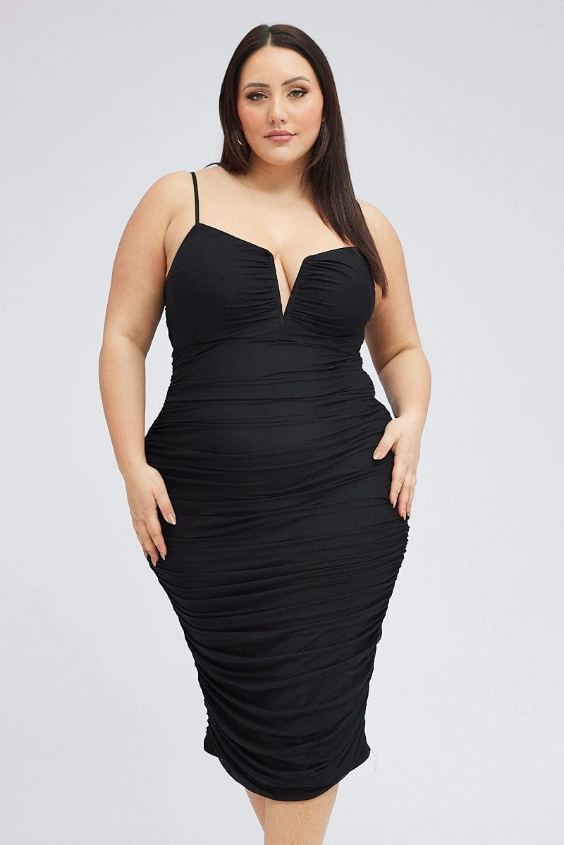 Basic Fashion Form Fit Black Mesh V Ruched Dress
