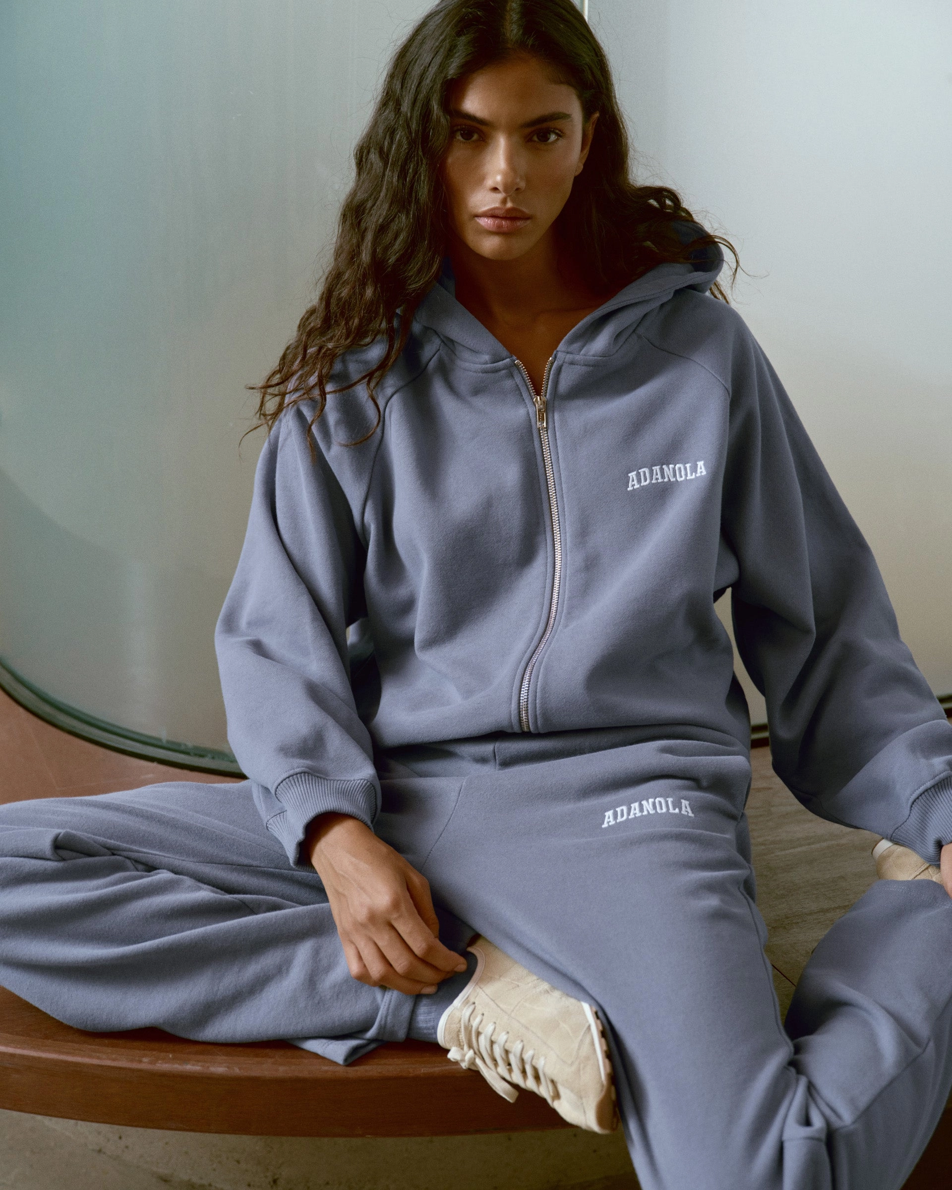 Easy Motion Hidden Zip Pockets Varsity Loose Fit Straight Leg Sweatpants - Slate Blue