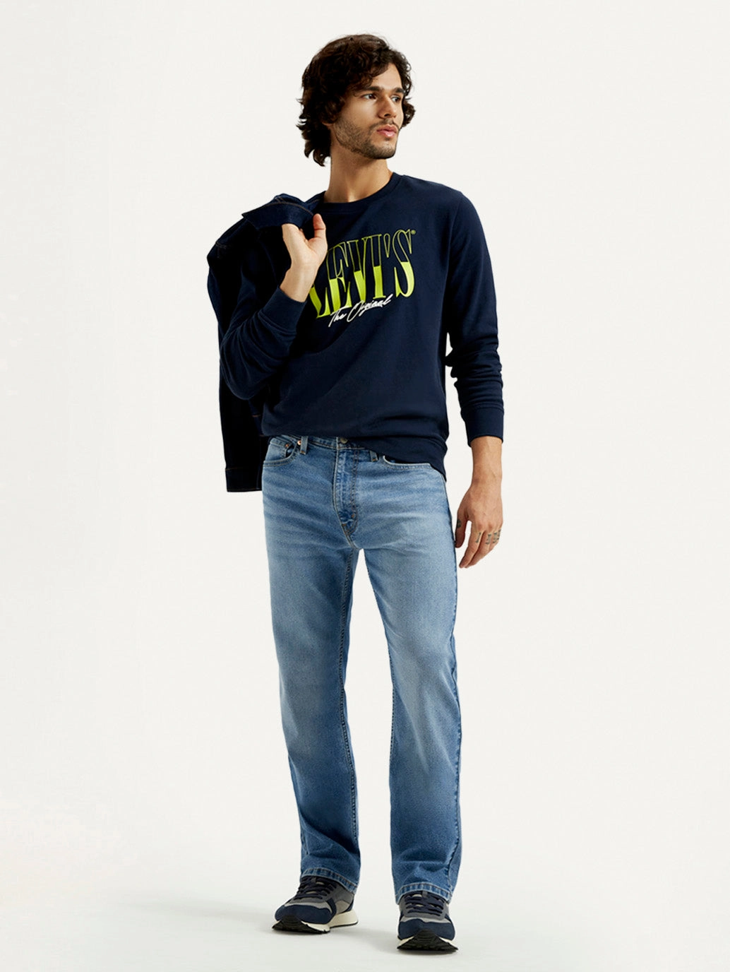 Men's 555 Med Indigo Loose Fit Mid Rise Jeans Travel Outfit Music Event Chic Design