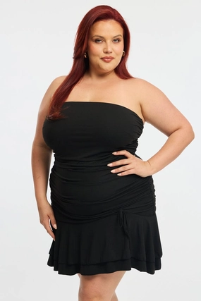 Black Mini Ruffle Dress Strapless Ruched Jersey Detachable-Detail Casual weekend dress