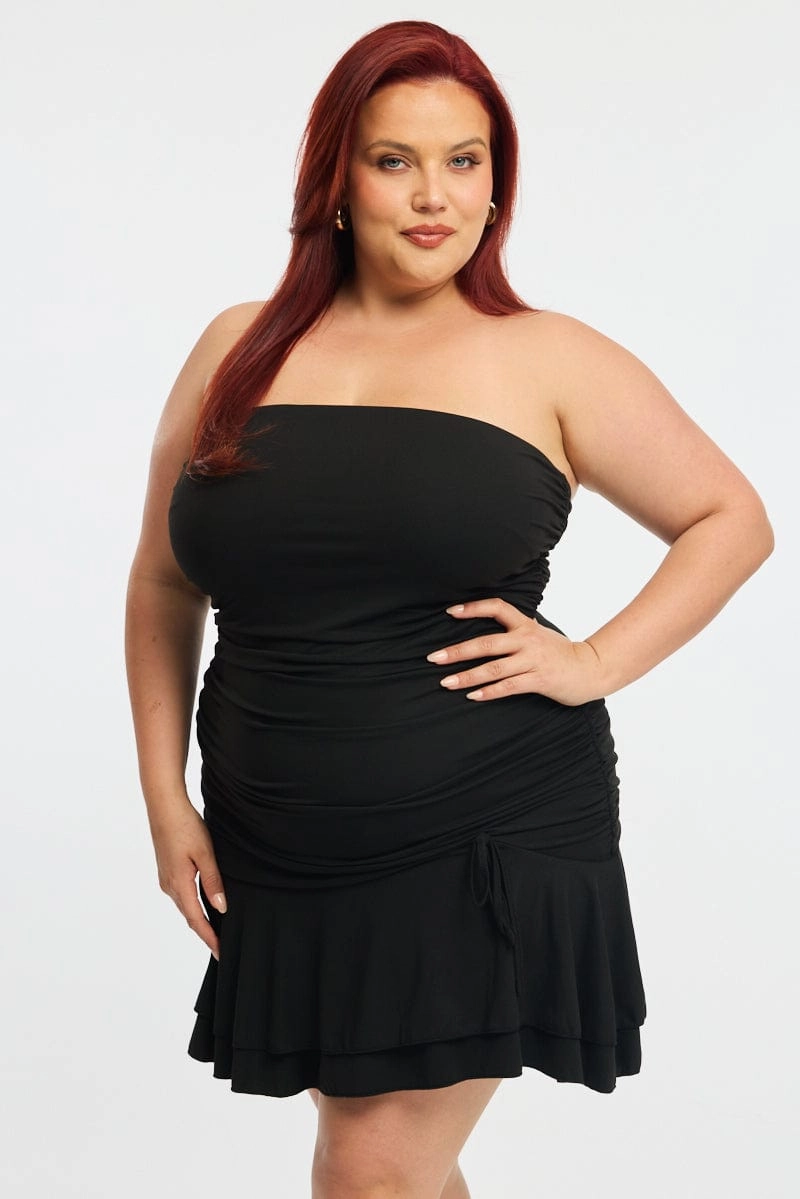 Black Mini Ruffle Dress Strapless Ruched Jersey Detachable-Detail Casual weekend dress