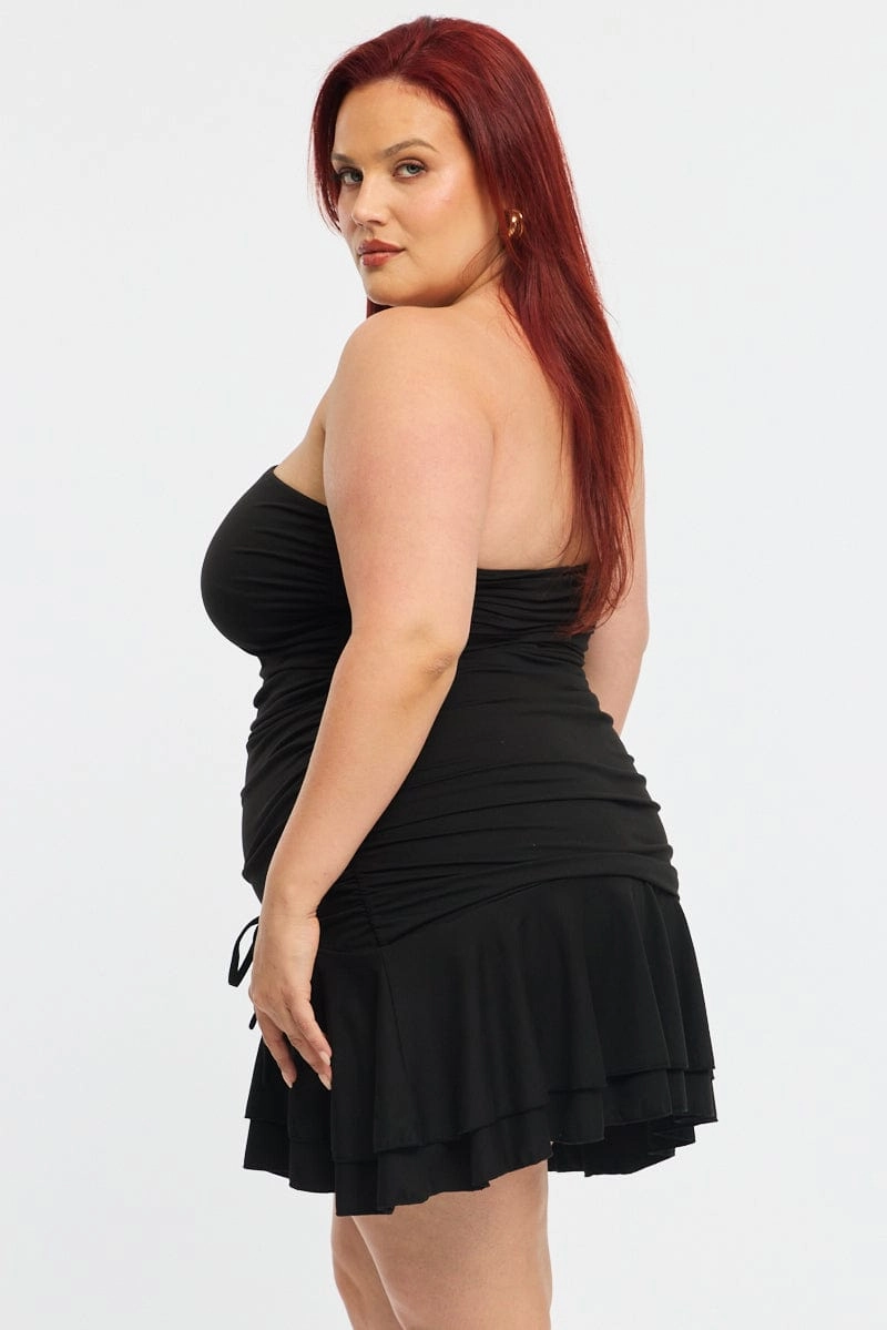 Black Mini Ruffle Dress Strapless Ruched Jersey Comfy Detail Breezy Comfort