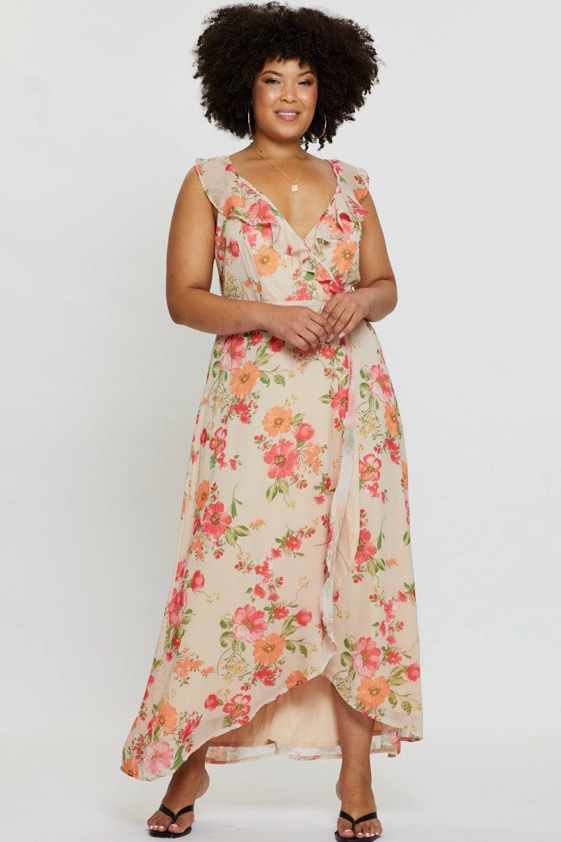 Flexible Style Floral Print Maxi Dress V-neck Sleeveless