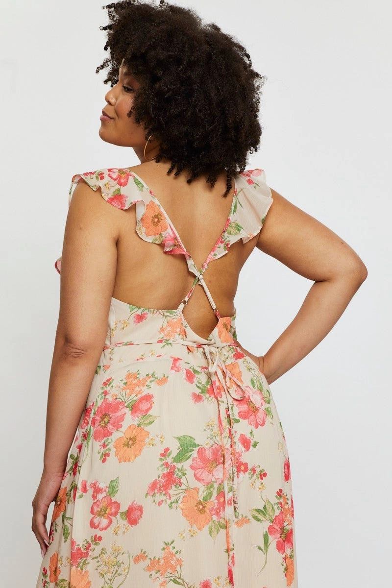 Lace Fine Floral Print Maxi Dress V-neck Sleeveless