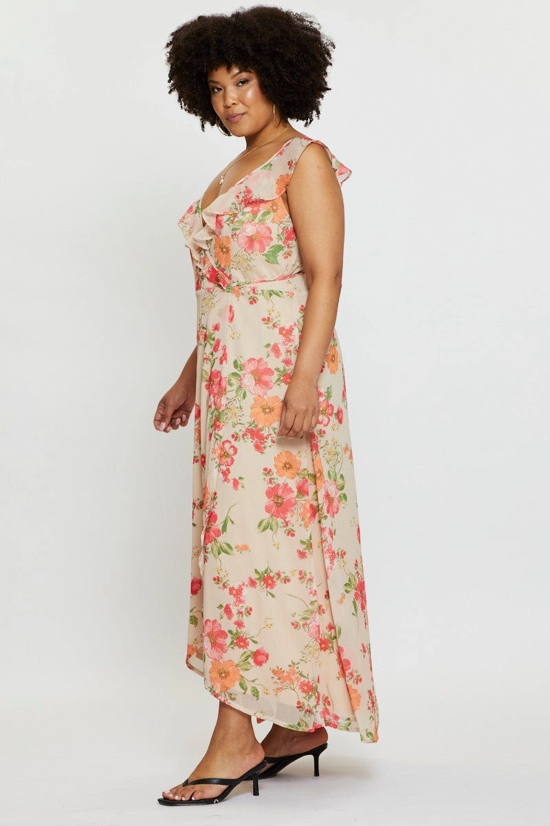 Floral Print Maxi Dress V-neck Sleeveless Night Ready