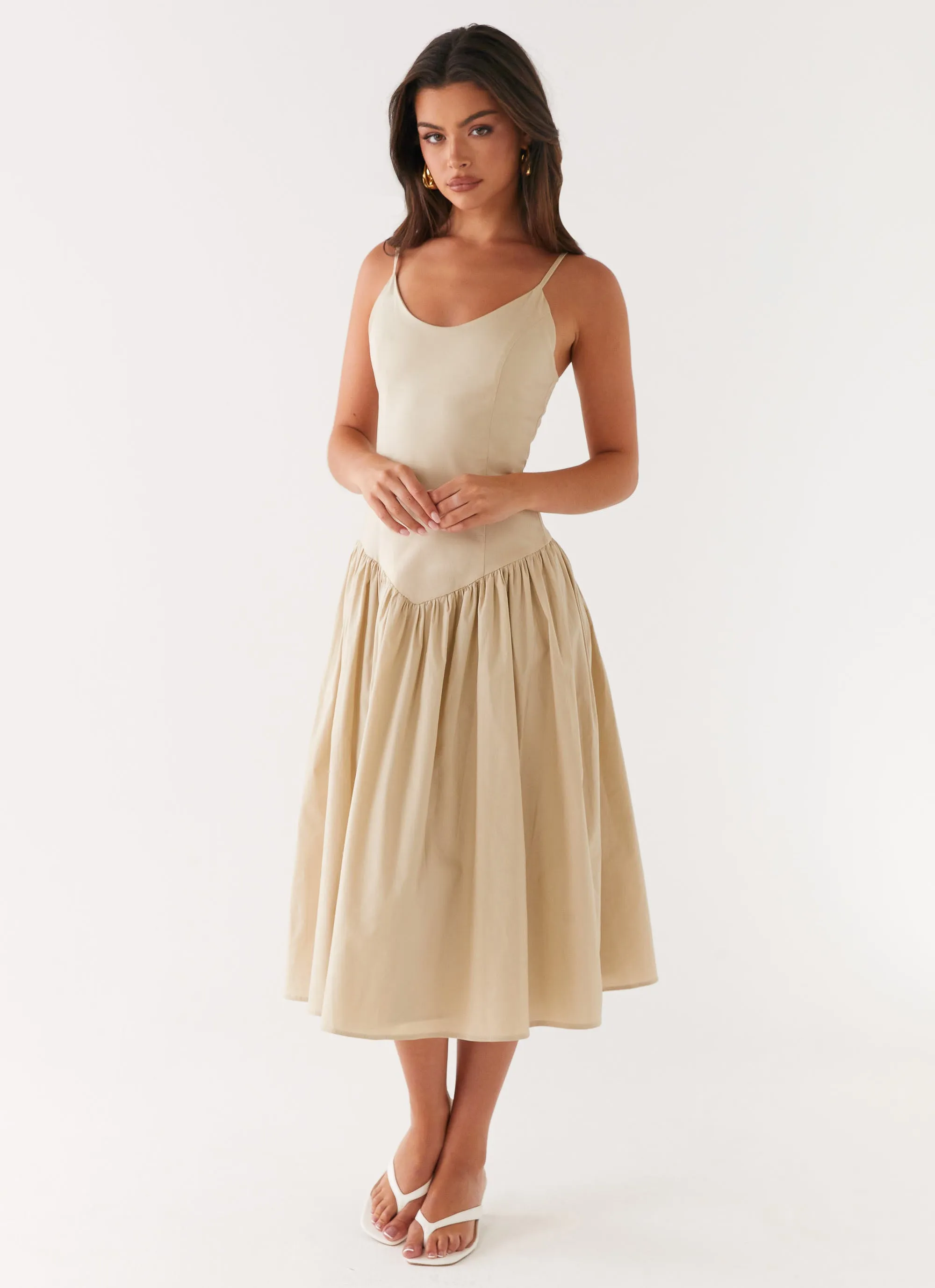 Azalea Midi Dress - Beige Gathered Skirt Ready Glow