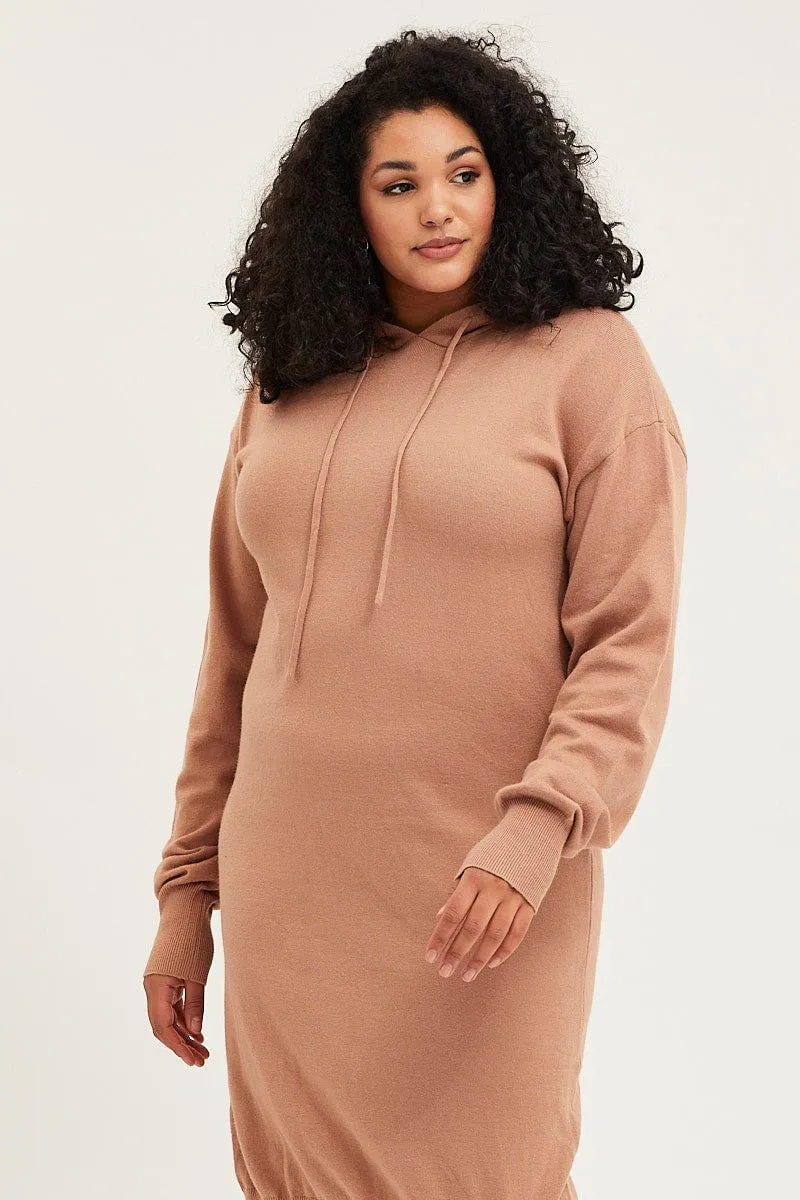 travel mode AdjustableStraps Brown Plus Long Sleeve Hoodie Knit Dress