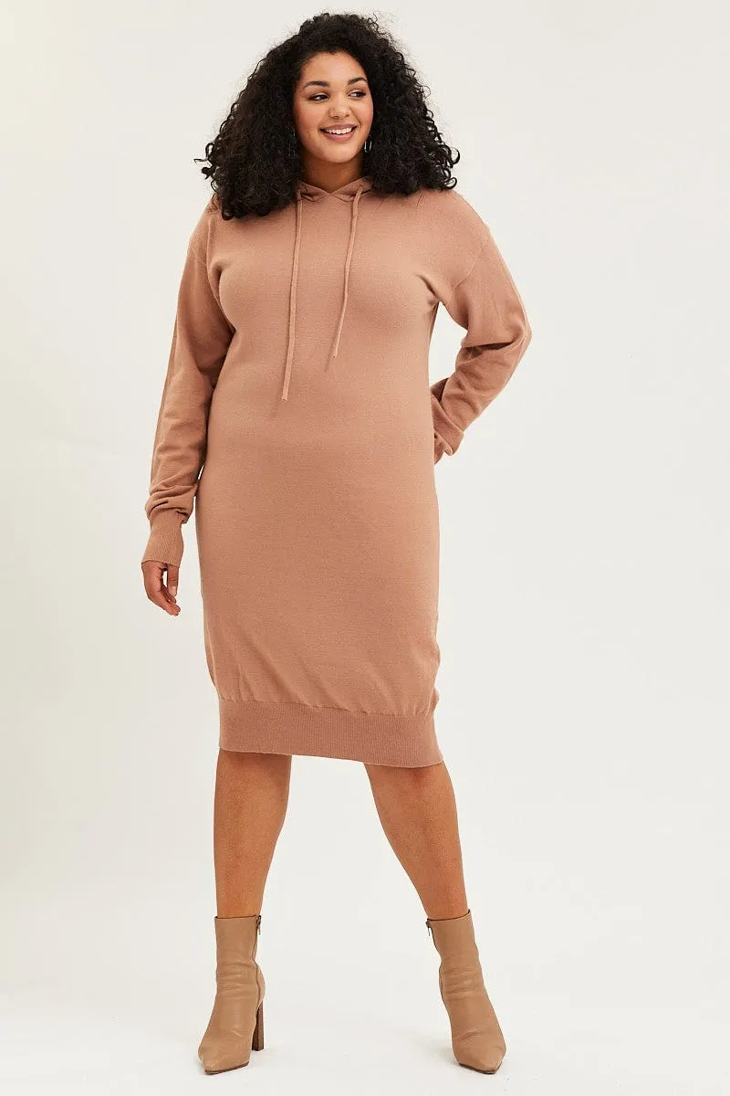 Brown Plus Long Sleeve Hoodie Knit Dress Silky Finish
