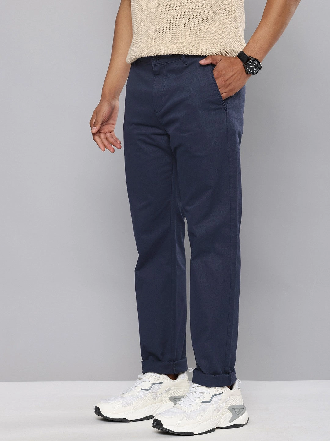 Stretch Layer Fit Anti Static Lining Men's Navy Blue Tapered Chinos
