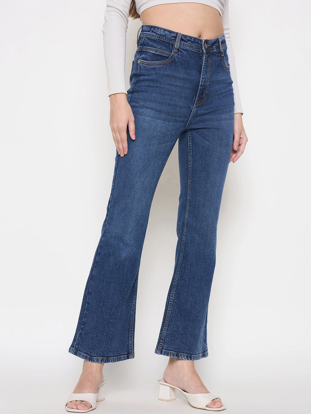 Madame Stone Wash Dark Blue Whiskered Flared Denim Jeans Smooth Breathable
