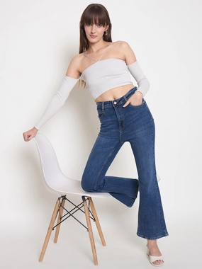 Madame Stone Wash Dark Blue Whiskered Flared Denim Jeans Minimal Fashion