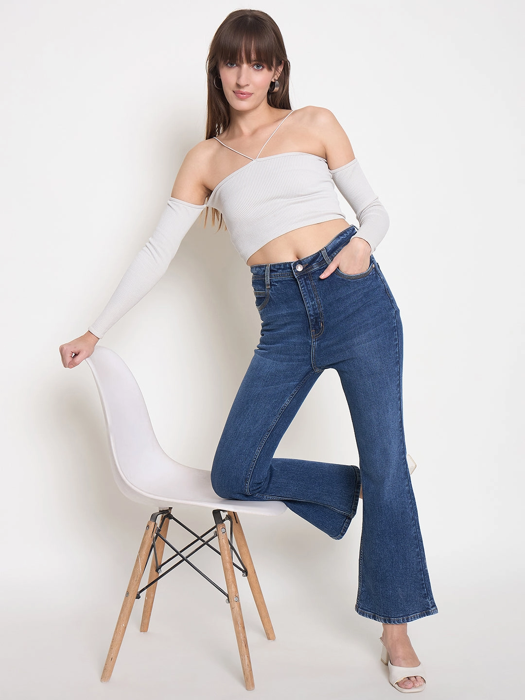 Madame Stone Wash Dark Blue Whiskered Flared Denim Jeans Minimal Fashion