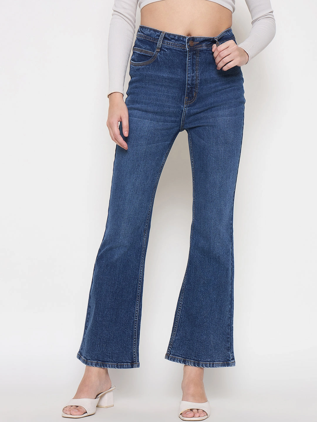 Parent Style Trendy Breathable Effortless Layer Madame Stone Wash Dark Blue Whiskered Flared Denim Jeans