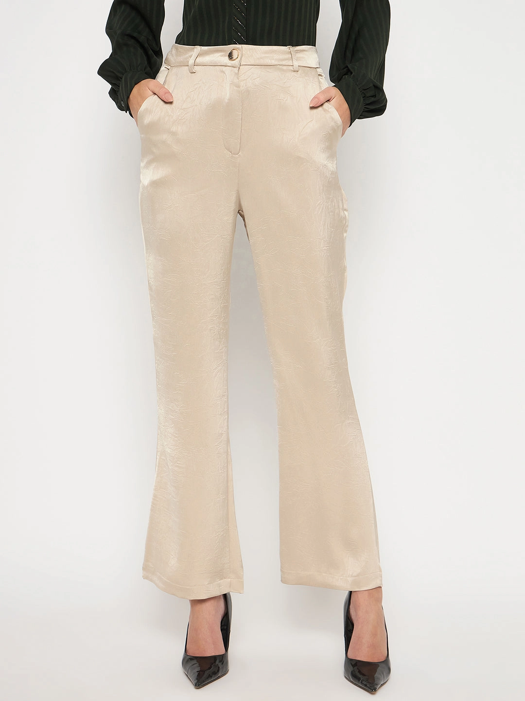 Madame Straight Fit Solid Beige Trousers ComfortWaistband All Season Versatility