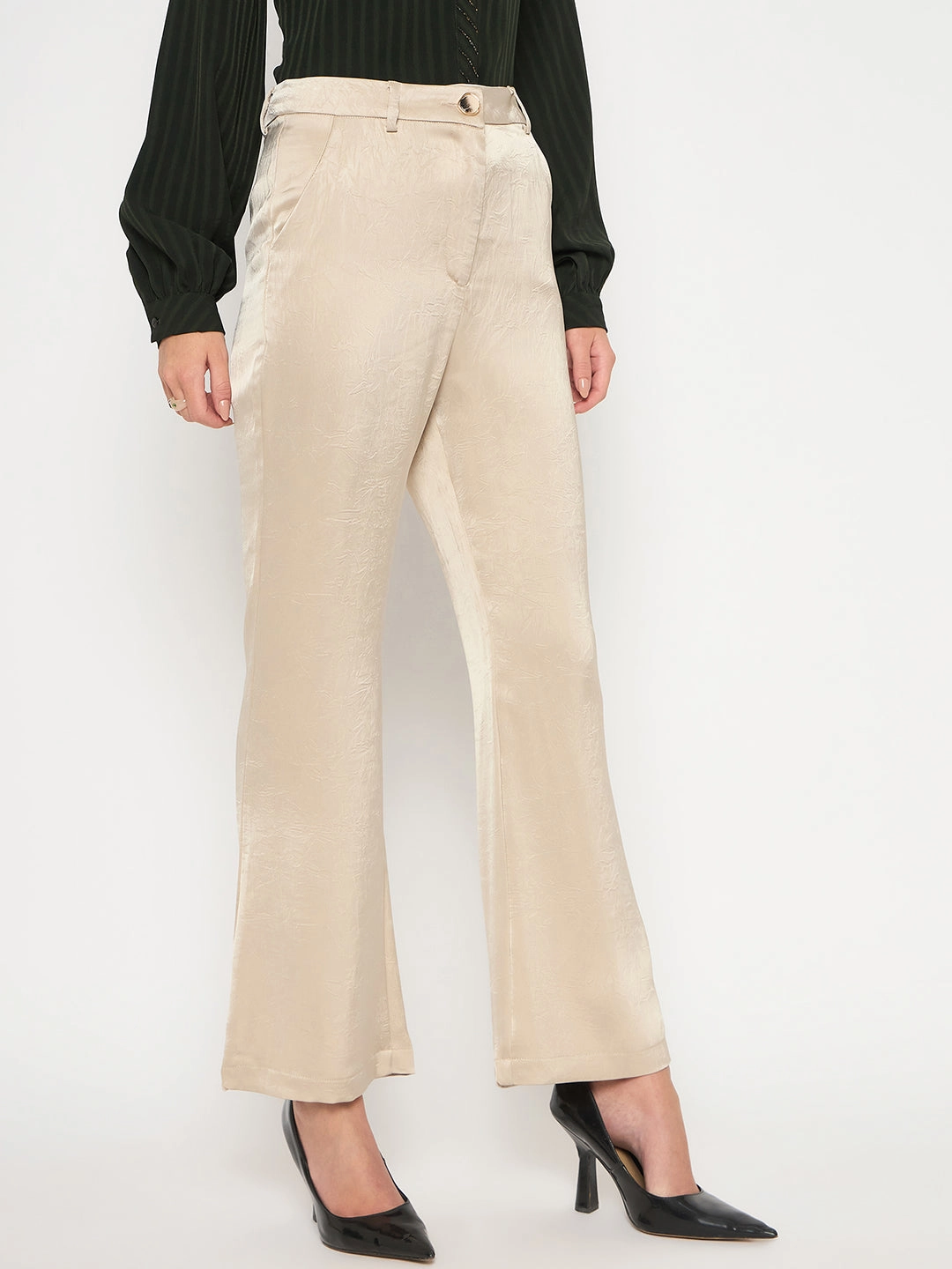 Madame Straight Fit Solid Beige Trousers Durable Wear