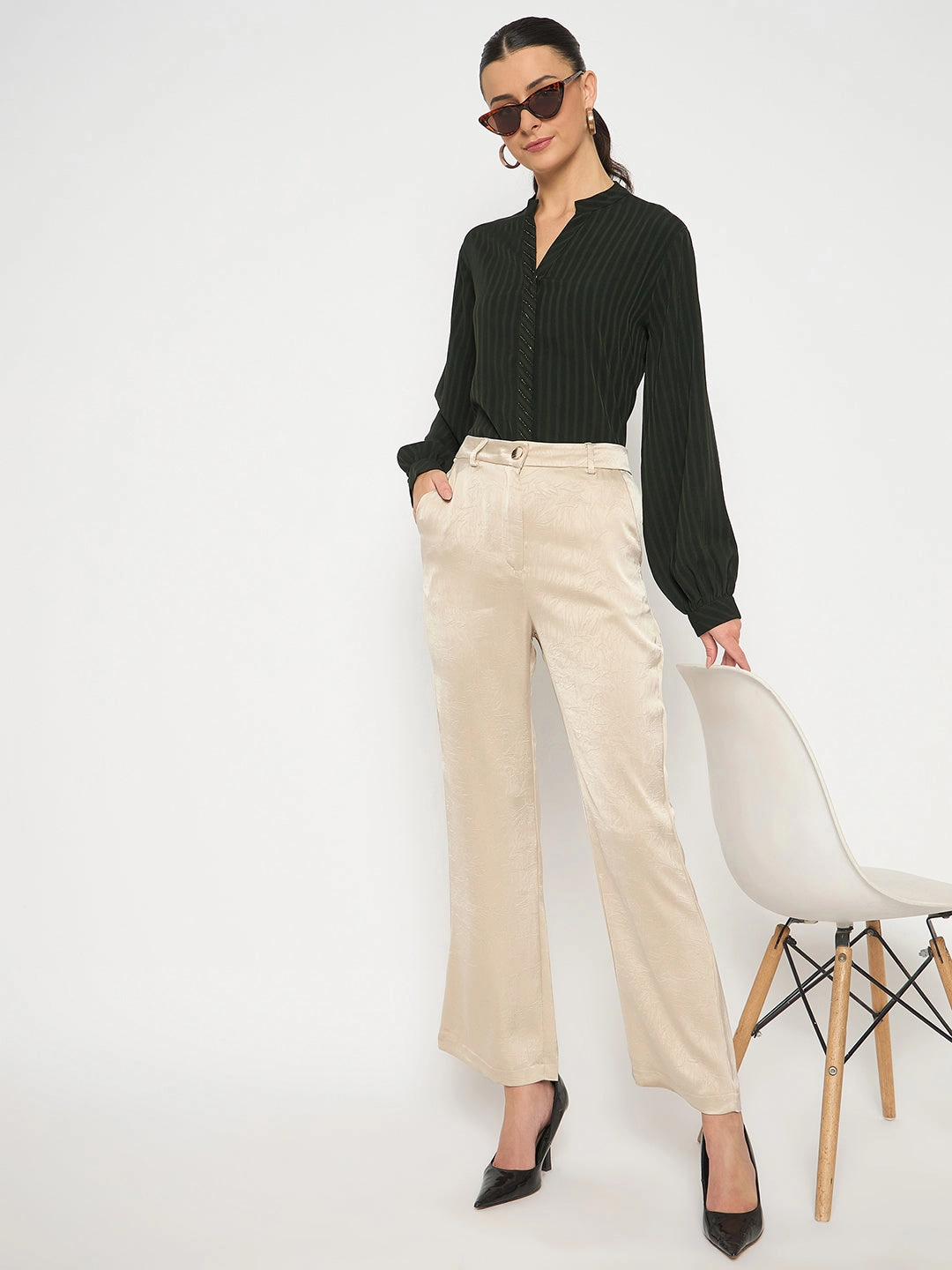 Non Bulk Madame Straight Fit Solid Beige Trousers
