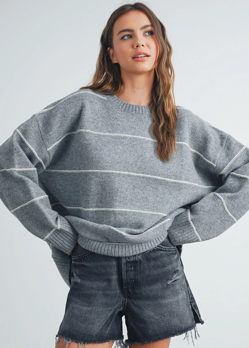 Carlyle Striped Drop-Shoulder Sweater - Grey Multi Ribbed cuff