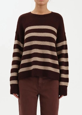Knit Perfection Comfy and Cozy Carlyle Everyday Crewneck Sweater - Brown Oat Stripe
