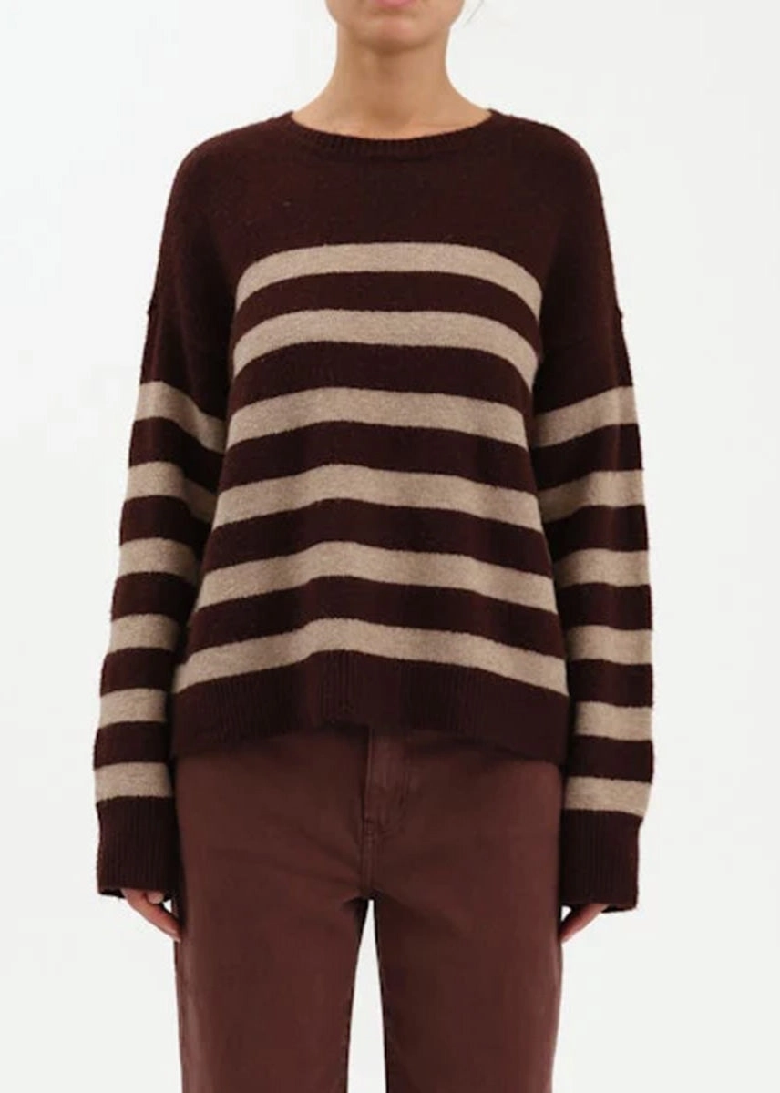 Knit Perfection Comfy and Cozy Carlyle Everyday Crewneck Sweater - Brown Oat Stripe
