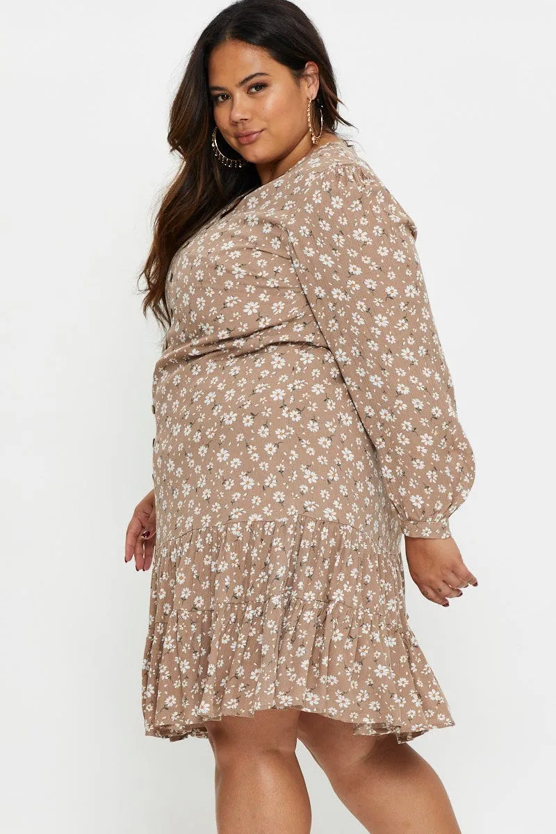 Floral Print Skater Dress Long Sleeve Ruffle Hem Versatile sundress Chic Casual Wear