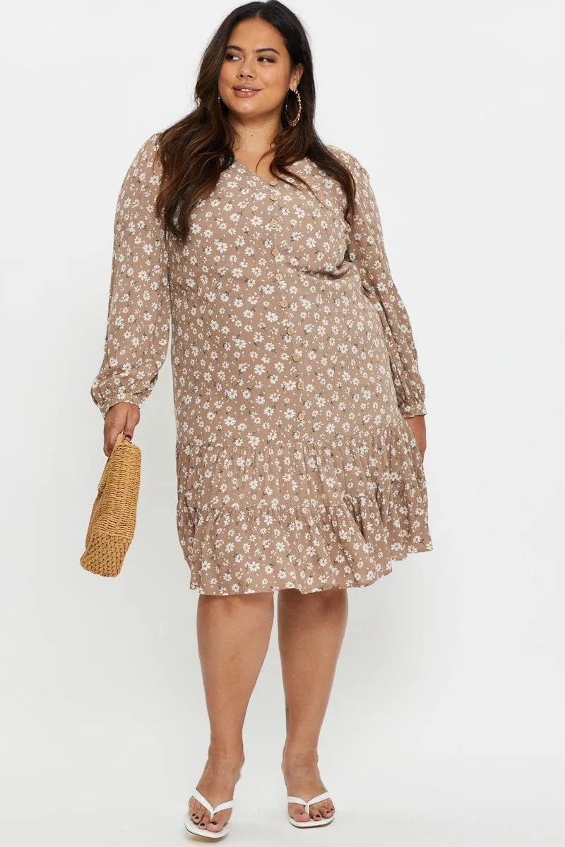 Day Chic Wrap style Floral Print Skater Dress Long Sleeve Ruffle Hem