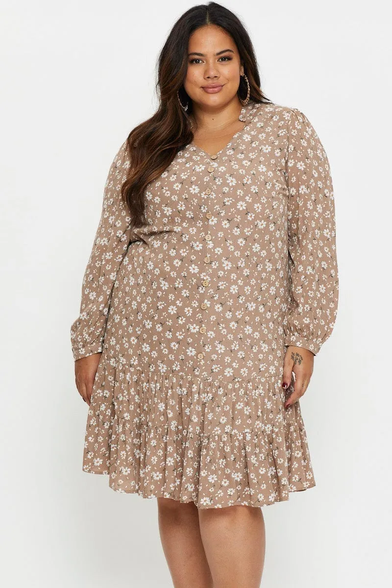 Cool Draping Floral Print Skater Dress Long Sleeve Ruffle Hem