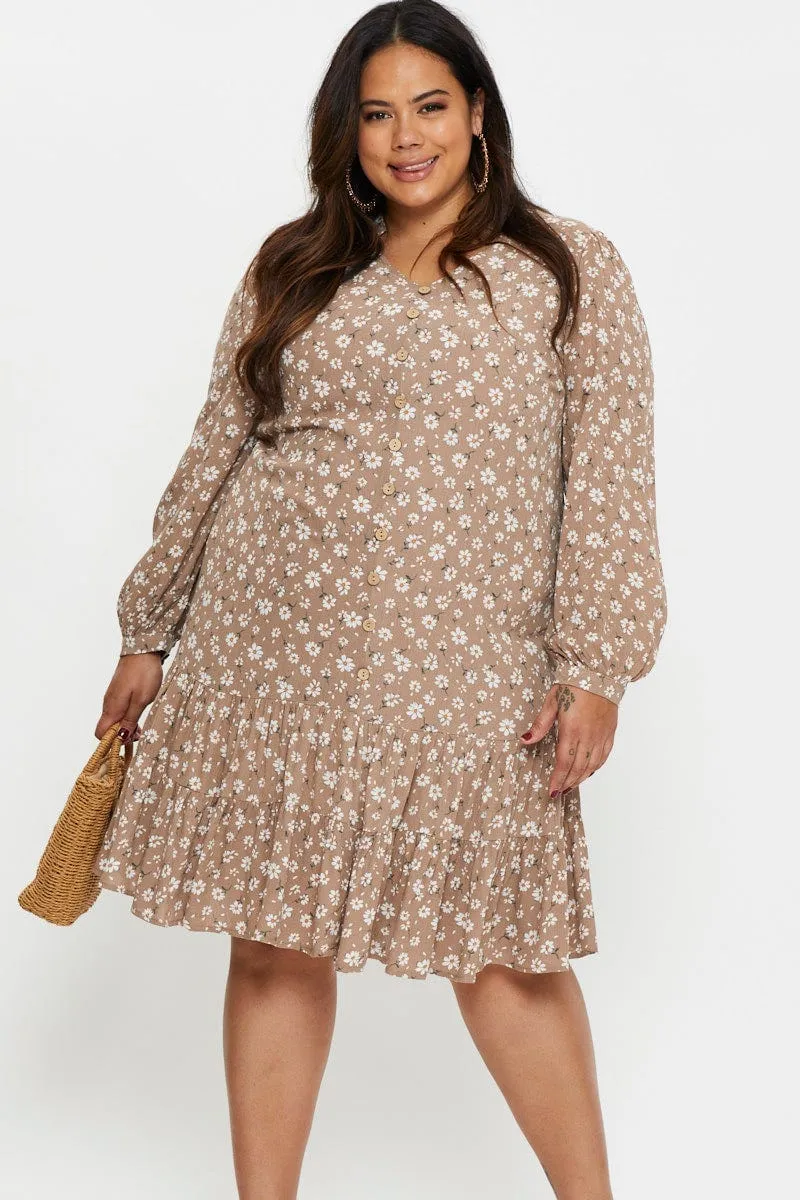 Floral Print Skater Dress Long Sleeve Ruffle Hem Visual Balance
