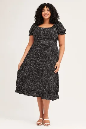 Ruffle Hem Polka Dot Short Sleeve Tie Back Midi Dress