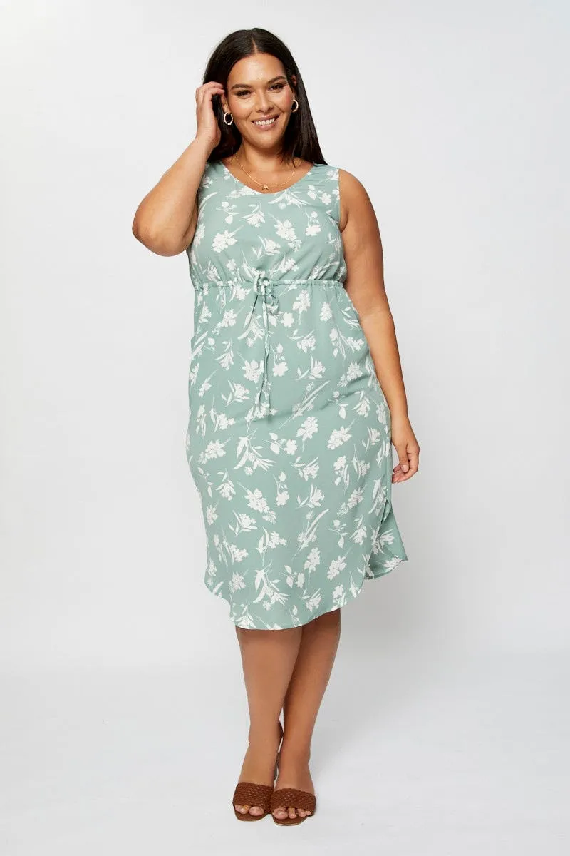 Floral Print Midi Dress Round Neck Sleeveless High-waisted evening piece Smooth Wear
