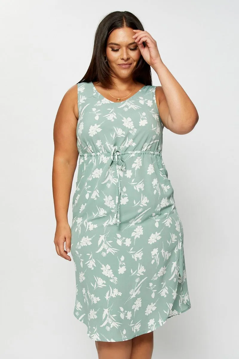 Soft Fashion Everyday-Use Floral Print Midi Dress Round Neck Sleeveless