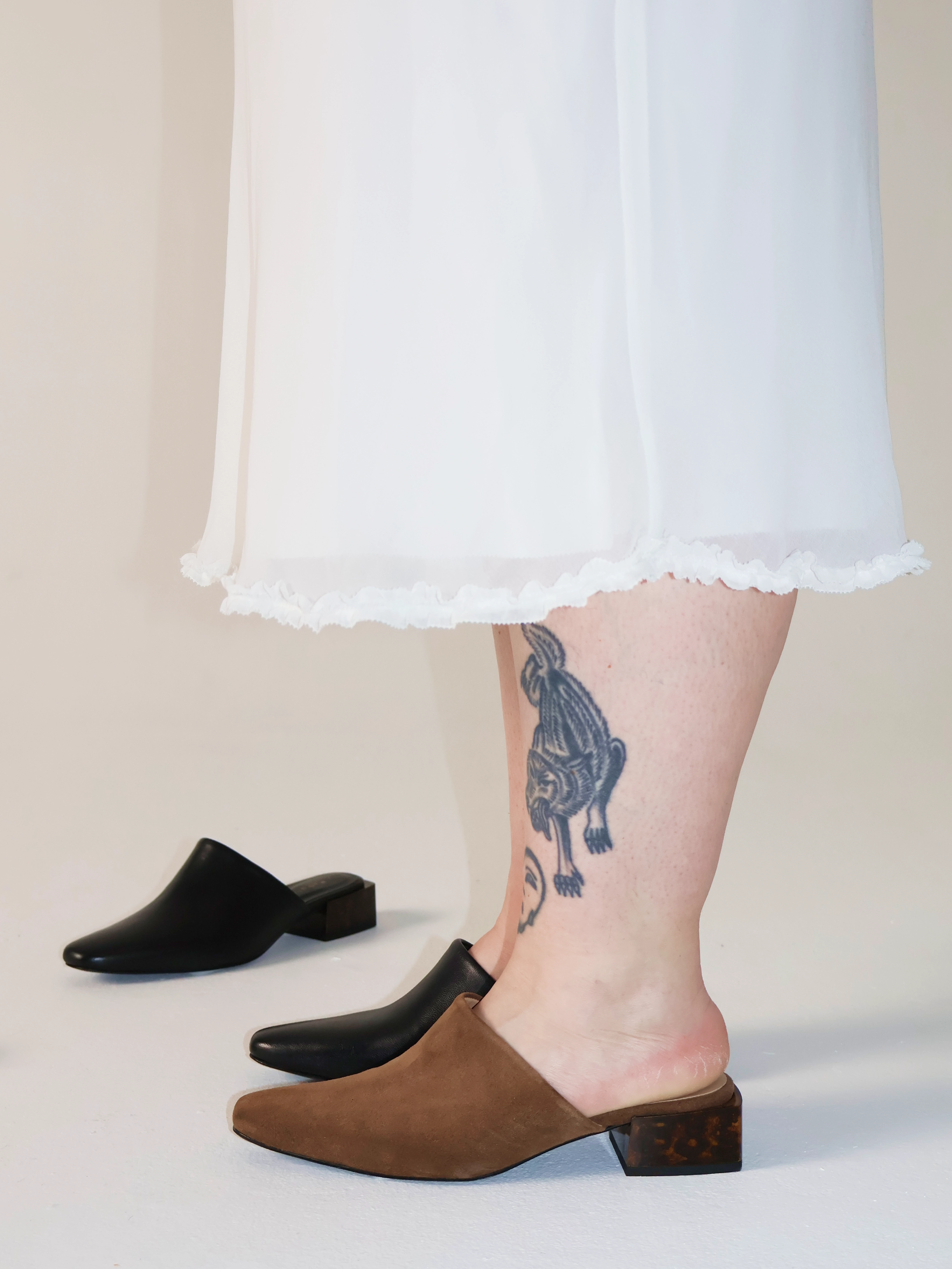 Navio Tan Suede Mule Low Heel High Lift