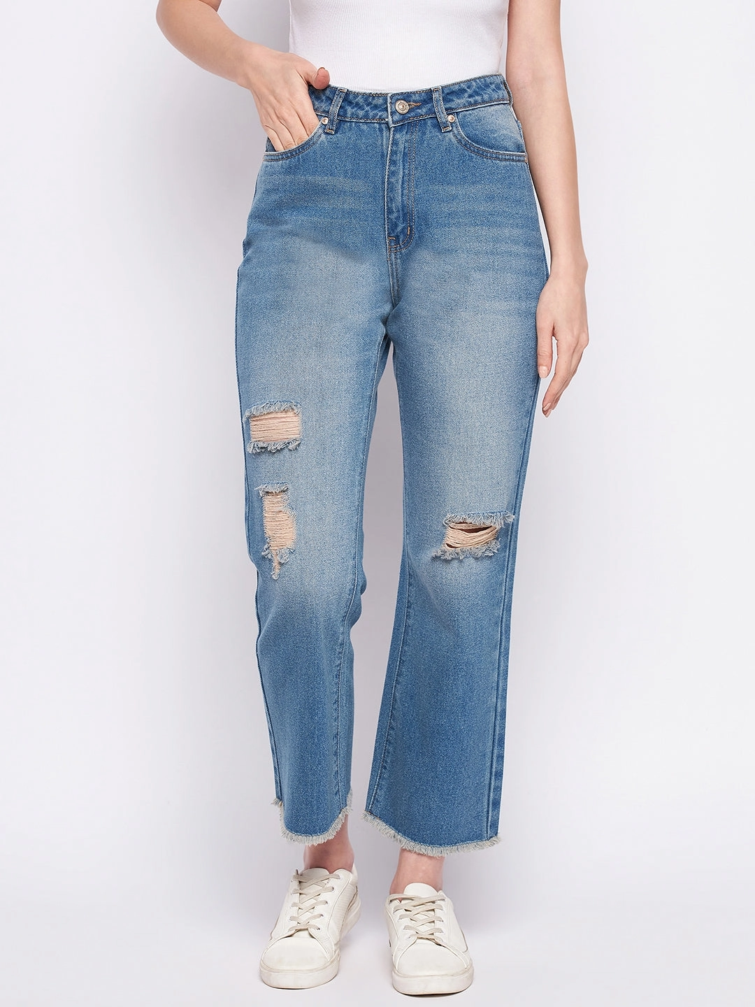 Madame Ripped Mi-Rise Double Wash Flared Jeans elastic waistband