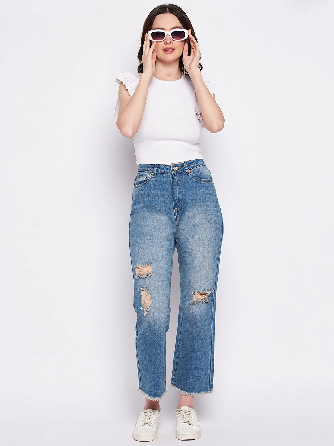 Street Inspired Multi Season Piece Madame Ripped Mi-Rise Double Wash Flared Jeans