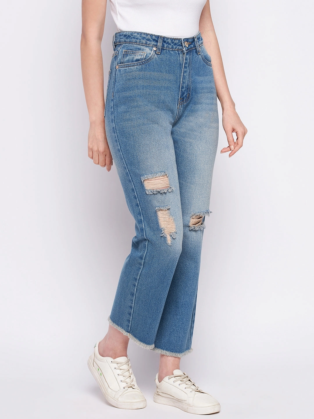abrasion resistant coating Distressed Details Madame Ripped Mi-Rise Double Wash Flared Jeans