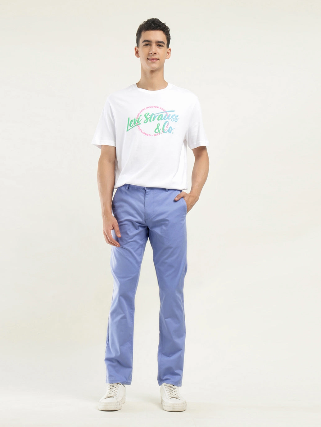 Men's Light Blue Slim Fit Chinos Durable Hem