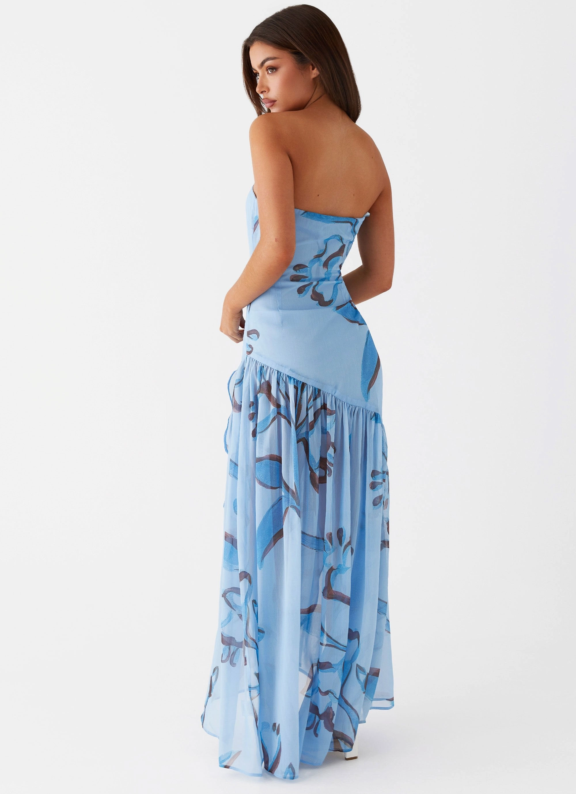 Beaded-Sleeve Pure Aesthetic Solaris Strapless Maxi Dress - Blue Floral