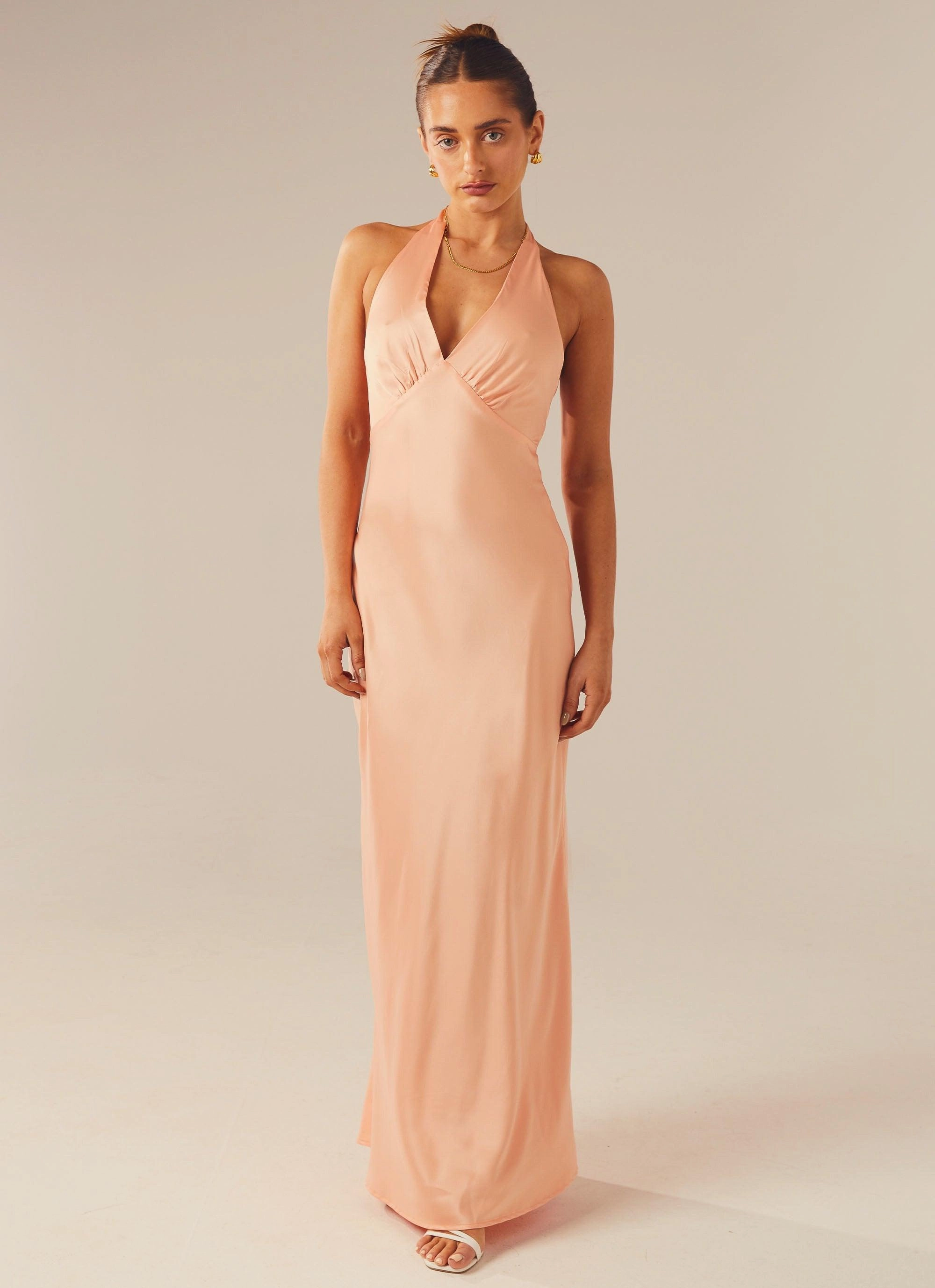 Heavy Hearted Satin Maxi Dress - Peach Clean Style Comfy Flex