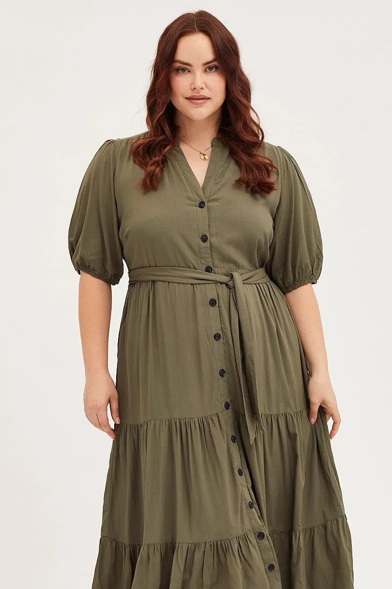 Calm Silhouette Comfy Look Green Short Sleeve Black Collared Button Midi Dress