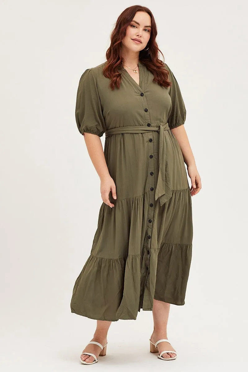 Green Short Sleeve Black Collared Button Midi Dress Classic Move Garden Fresh