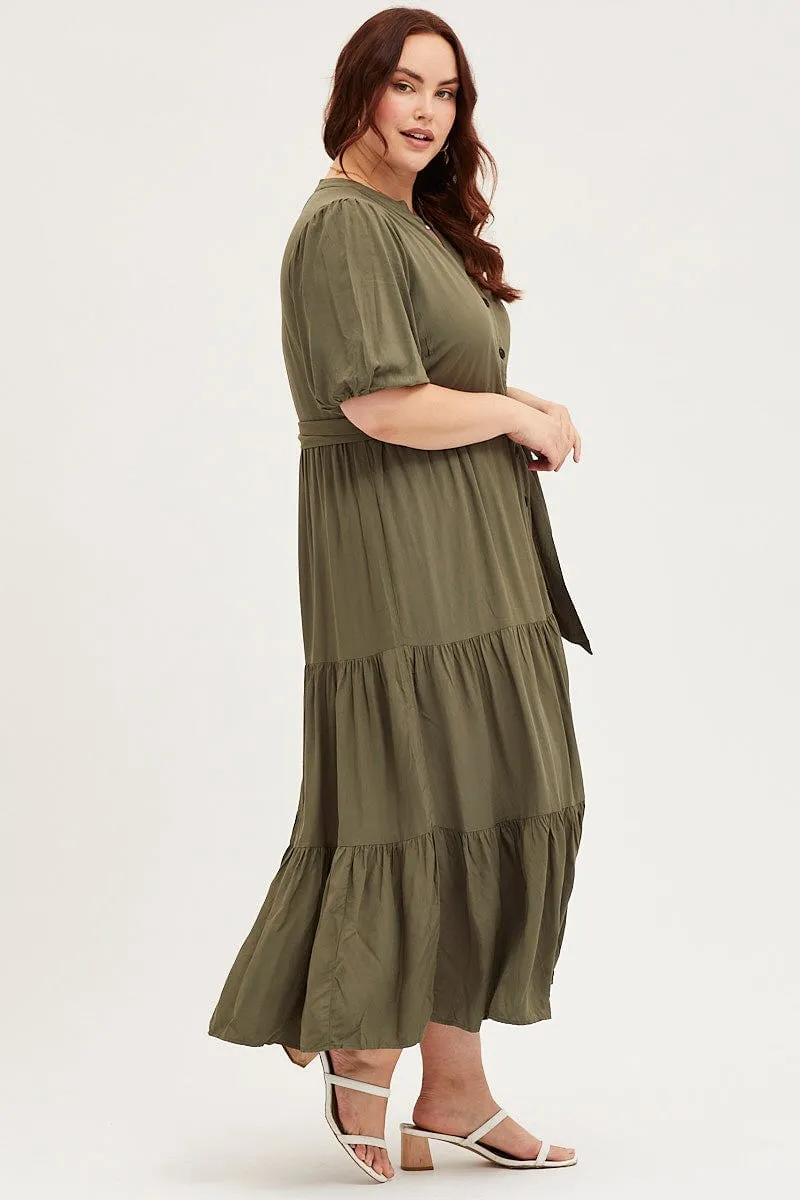 Slit-Hem Smooth Shape Green Short Sleeve Black Collared Button Midi Dress
