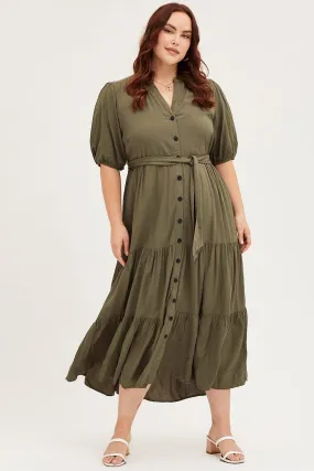 Green Short Sleeve Black Collared Button Midi Dress Timeless Touch Draped-Style