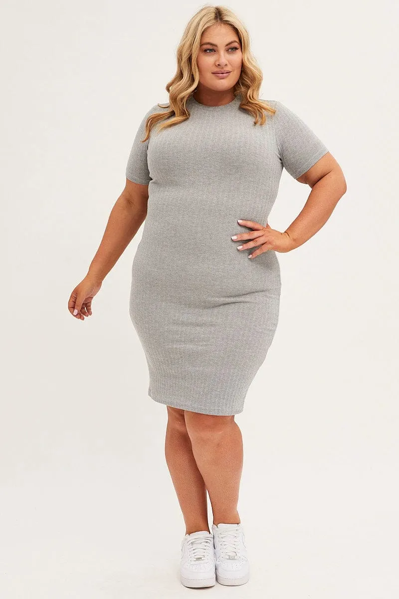 Grey Midi Dress Short Sleeve Rib Jersey Bodycon Tall Girl Lux Look